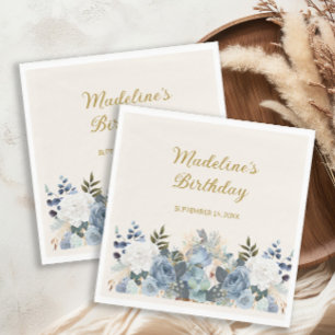 Dusty Blue White Floral Gold Happy Geburtsname Serviette