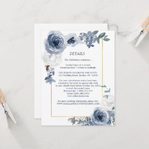 Dusty Blue White Floral Gold Hochzeitsdetails Einladung