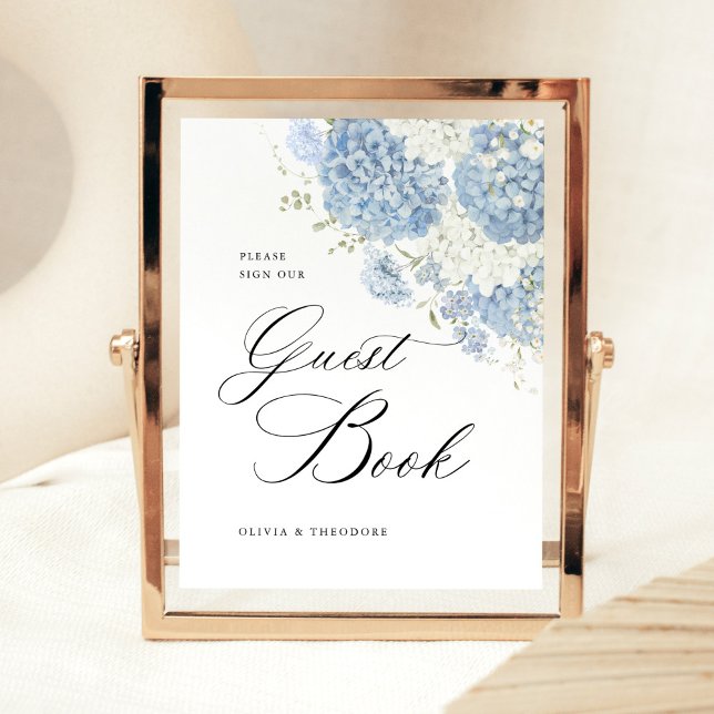 Dusty Blue White Floral Guest Book Wedding Table Sockelschild (Dusty blue white hydrangea wedding guest book sign, watercolor floral calligraphy Gold frame display)