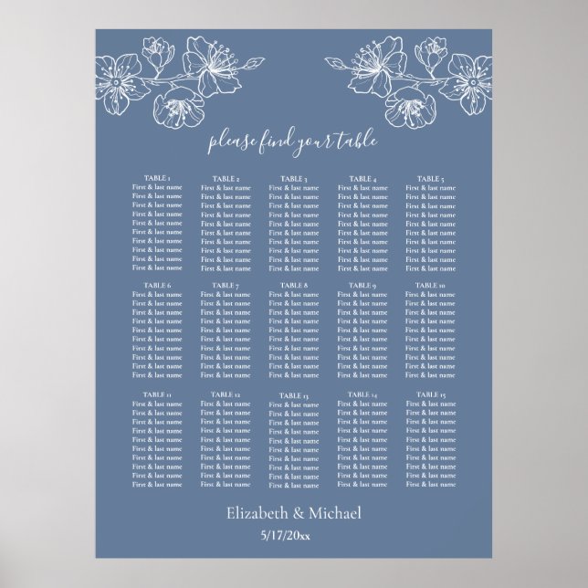 Dusty Blue White Floral | Hochzeitssitzdiagramm Poster (Vorne)