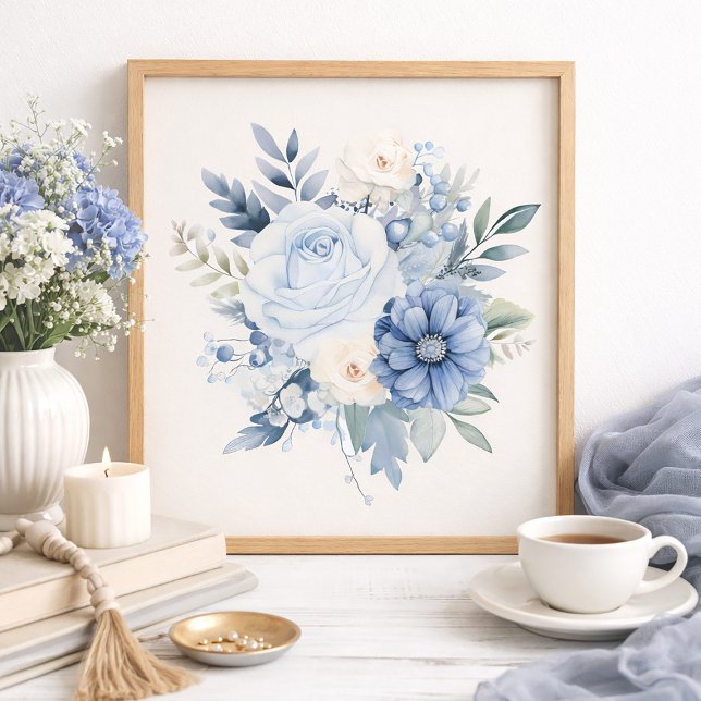 Dusty Blue White Floral Home Decor Poster (Serene dusty blue and white floral art print)