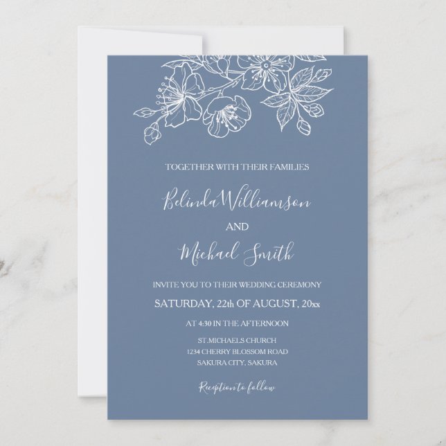 Dusty Blue White Floral Line Art | Hochzeit Einladung (Vorderseite)