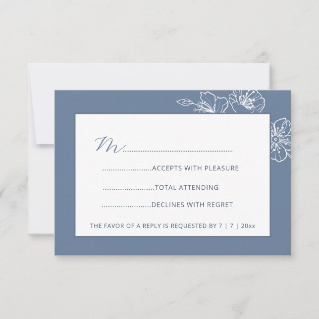  Dusty Blue White Floral Line Art RSVP (Vorderseite)