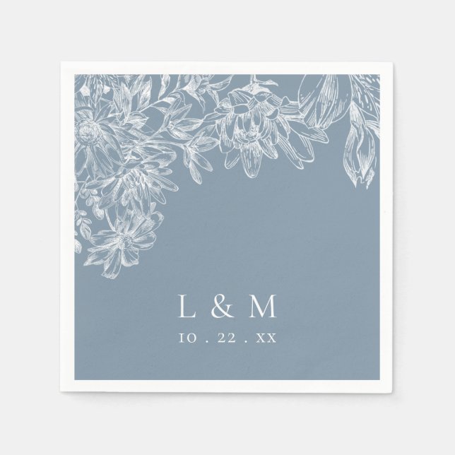 Dusty Blue White Floral Monogram Wedding Napkins Serviette (Vorderseite)