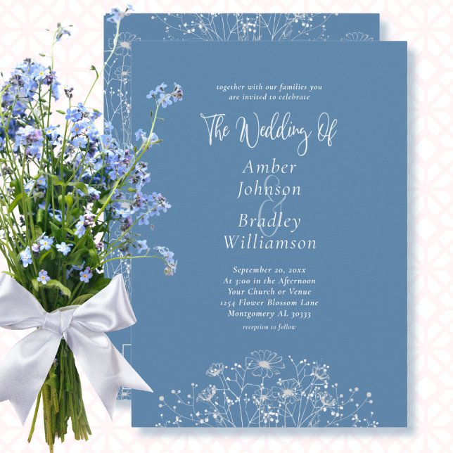 Dusty Blue White Floral QR Code Elegante Hochzeit Einladung (Von Creator hochgeladen)