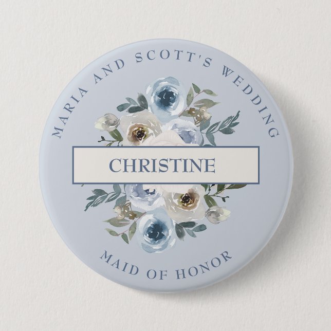 Dusty Blue White Floral Trauzeugin Button (Vorderseite)