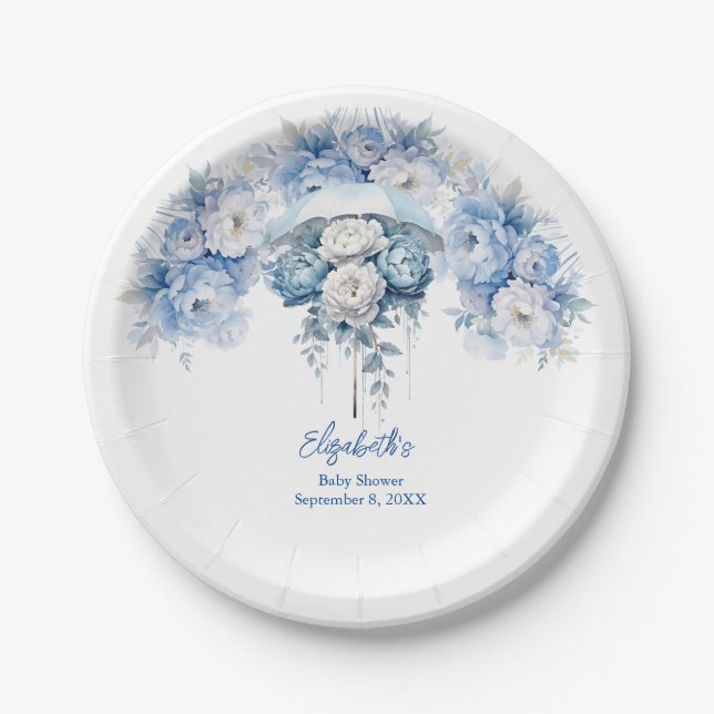 Dusty Blue White Floral Umbrella Baby Dusche Pappteller (Vorderseite)