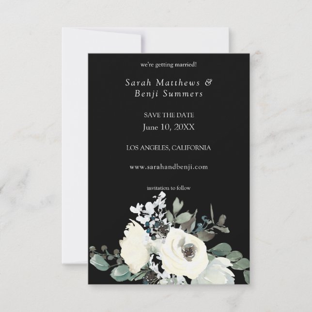 Dusty Blue & White Floral V3 - Black Save The Date (Vorderseite)