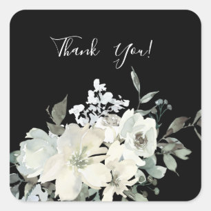 Dusty Blue & White Floral Vielen Dank - Black V2 Quadratischer Aufkleber
