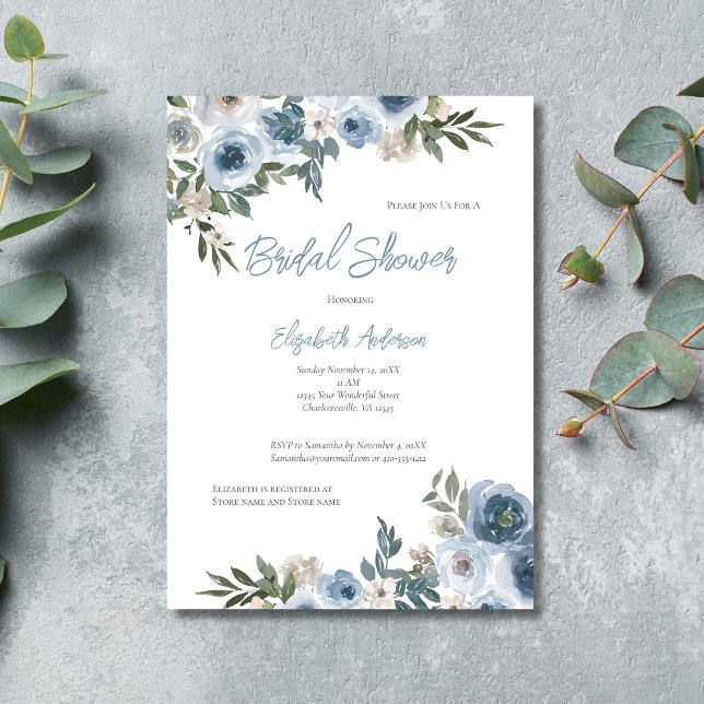 Dusty Blue White Floral Watercolor Brautparty Einladung (Blue White Floral Watercolor Bridal Shower Invitation- Elegant and Formal)