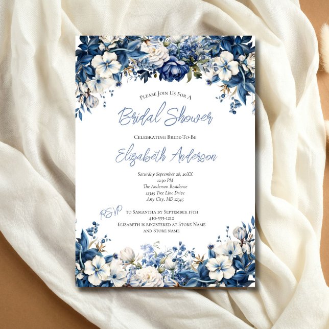 Dusty Blue White Floral Watercolor Brautparty Einladung (Dusty Blue White Floral Bridal Shower Invitation. Elegant Watercolor. Printed or Digital Download)