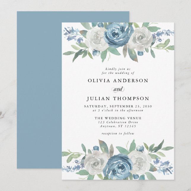 Dusty Blue & White Floral Watercolor Wedding Einladung (Vorne/Hinten)