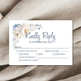 Dusty Blue White Floral Wedding RSVP Karte