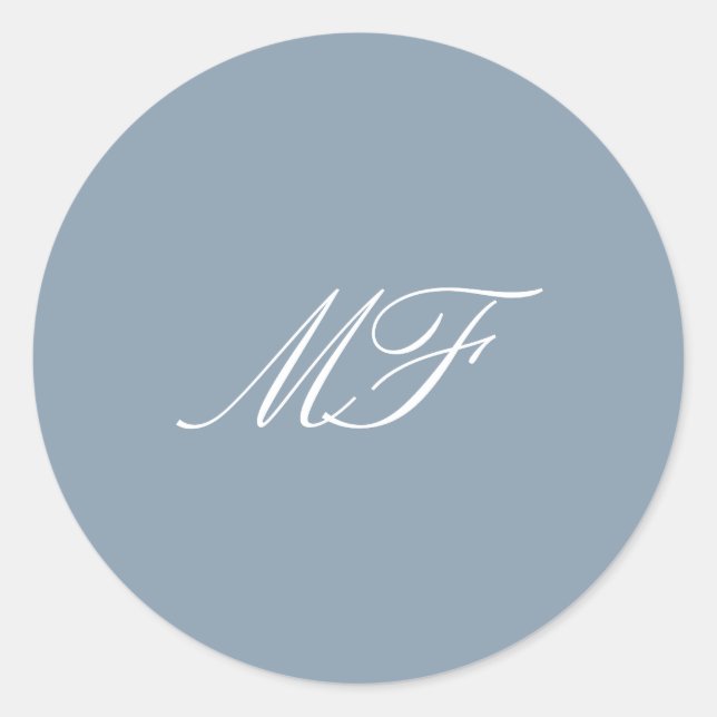 Dusty Blue White Formal Classic Monogram Wedding Runder Aufkleber (Vorderseite)