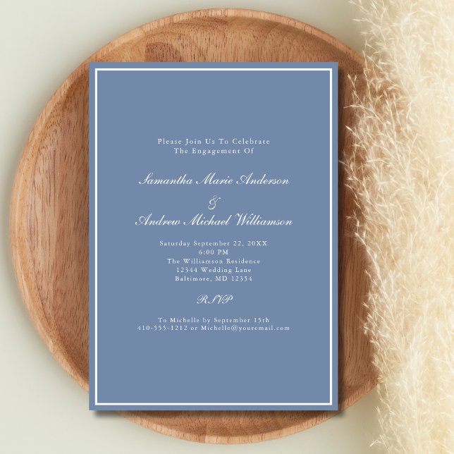 Dusty Blue White Formal Elegante Hochzeitsstimmung Einladung (Dusty Blue White Elegant Formal Wedding Engagement party invitation)