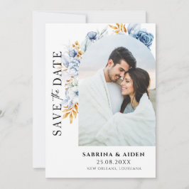 Dusty Blue White Gold Floral Arch Foto QR Code Save The Date