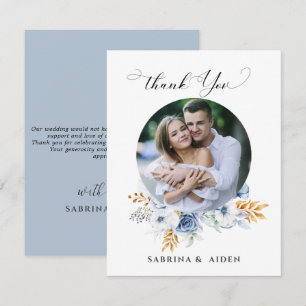 Dusty Blue White Gold Floral Foto Dankeskarte