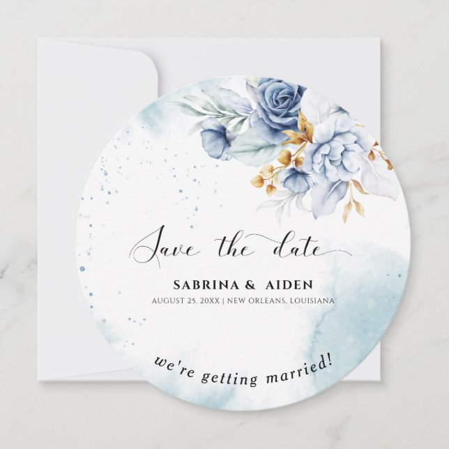 Dusty Blue White Gold Floral Foto Wedding Einladung (Vorderseite)