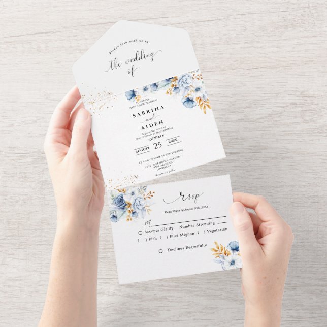 Dusty Blue White Gold Floral Wedding All In One Einladung (Abreißen)