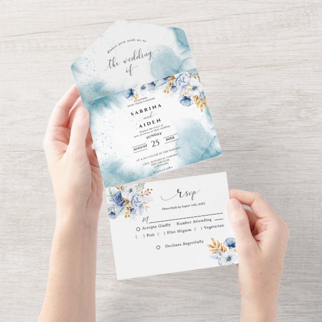 Dusty Blue White Gold Floral Wedding All In One Einladung (Abreißen)