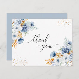 Dusty Blue White Gold Floral Wedding Dankeskarte