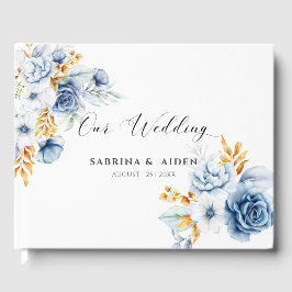 Dusty Blue White Gold Floral Wedding Gästebuch