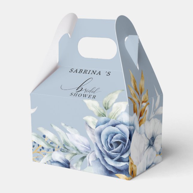 Dusty Blue White Gold Floral Wedding Geschenkschachtel (Vorderseite)