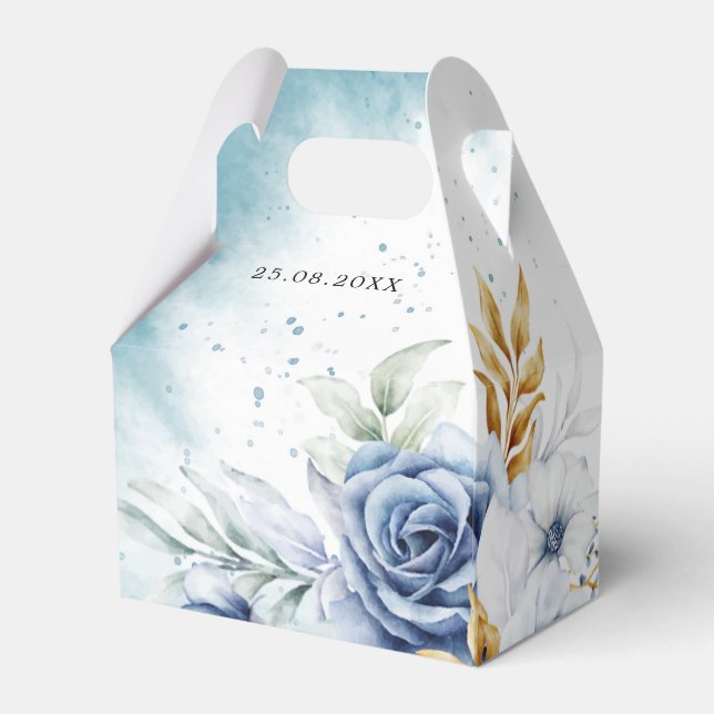 Dusty Blue White Gold Floral Wedding Geschenkschachtel (Rückseite)