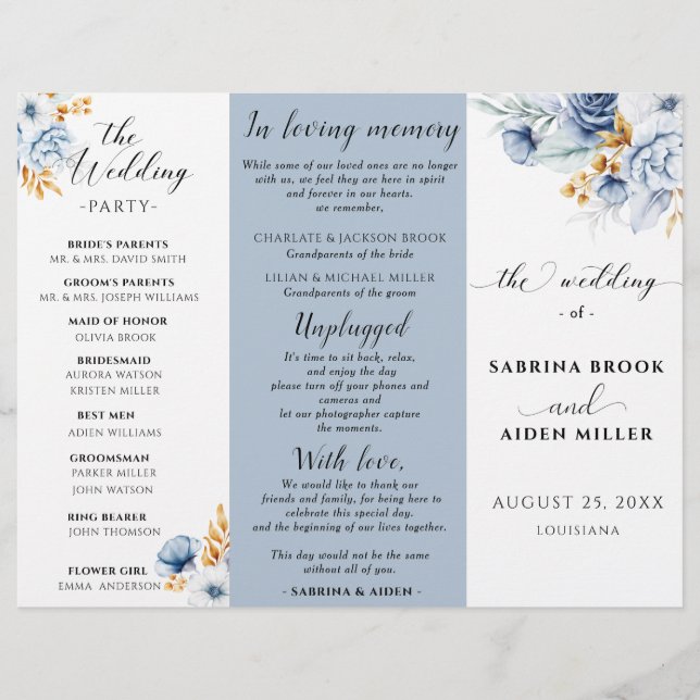 Dusty Blue White Gold Floral Wedding Program (Vorderseite)