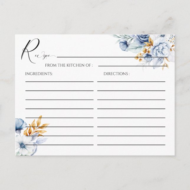 Dusty Blue White Gold Floral Wedding Rezept Postkarte (Vorderseite)