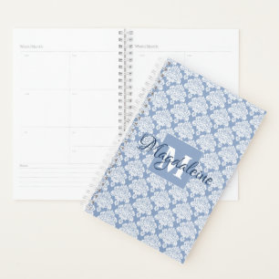 Dusty Blue & White Lacy Damask Monogram & Name Planer
