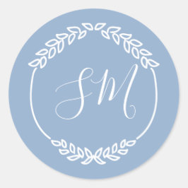Dusty Blue White Leaf Wreath Monogram Wedding Runder Aufkleber