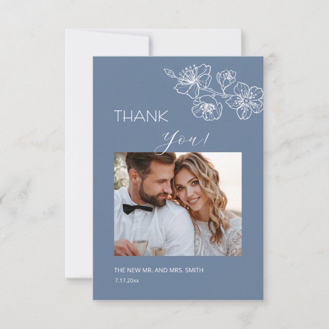 Dusty Blue White Line Art  Flowers Thank You Card Dankeskarte (Vorderseite)