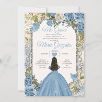 Dusty Blue & White Mis Quince 15 Anos Silver Crown Einladung