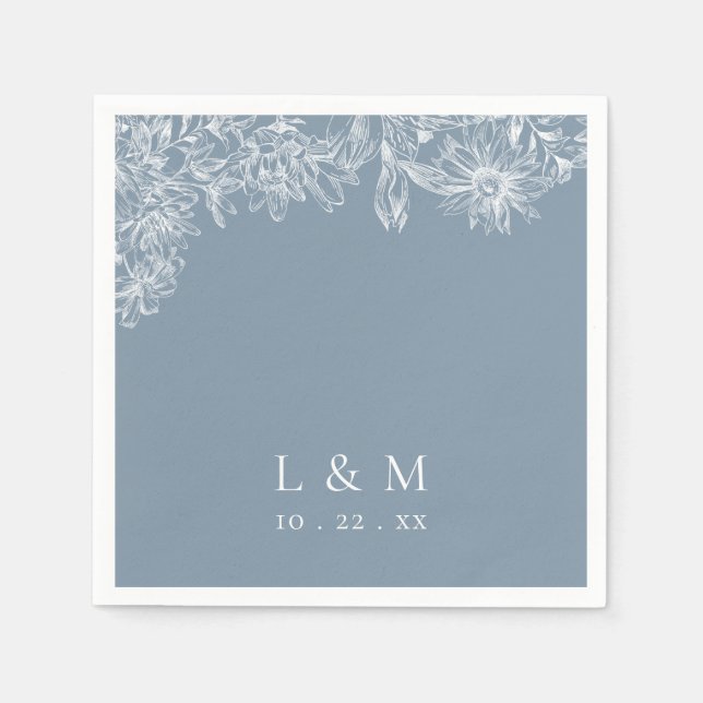 Dusty Blue White Monogram Wedding Napkins Serviette (Vorderseite)