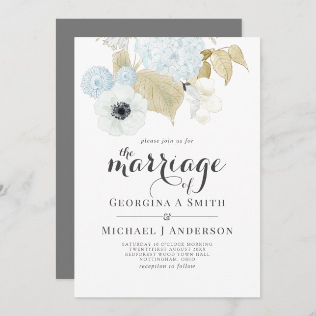 Dusty Blue White Navy Anemone BUDGET Hochzeit Einladung (Vorne/Hinten)