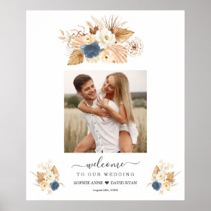 Dusty Blue White Peach Rose Begrüßungszeichen Poster