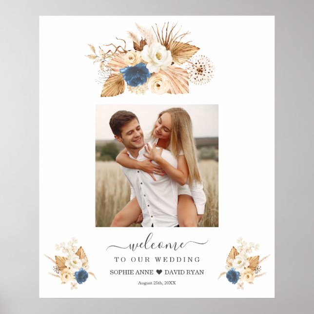 Dusty Blue White Peach Rose Begrüßungszeichen Poster (Vorne)