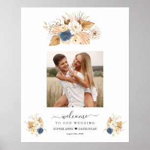 Dusty Blue White Peach Rose Begrüßungszeichen Poster