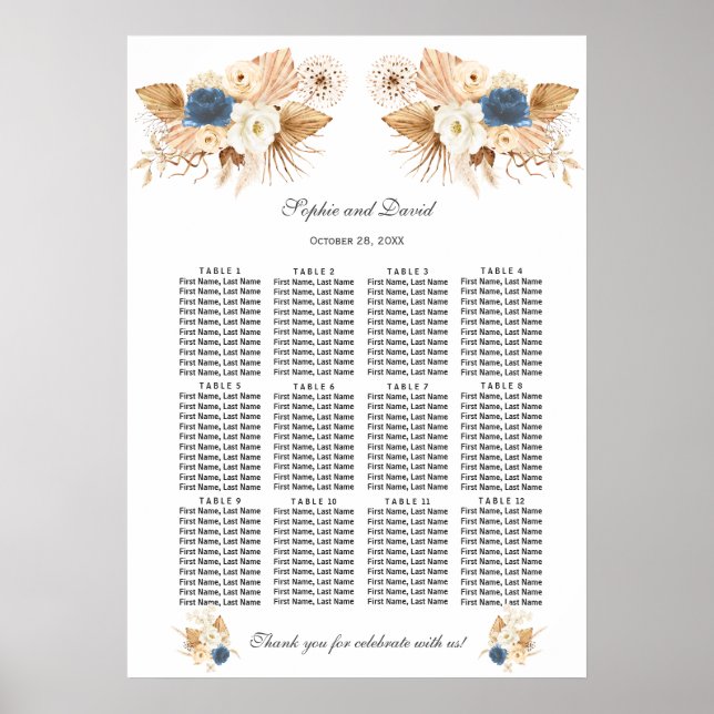 Dusty Blue White Peach Rose Hochzeitsdiagramm Poster (Vorne)