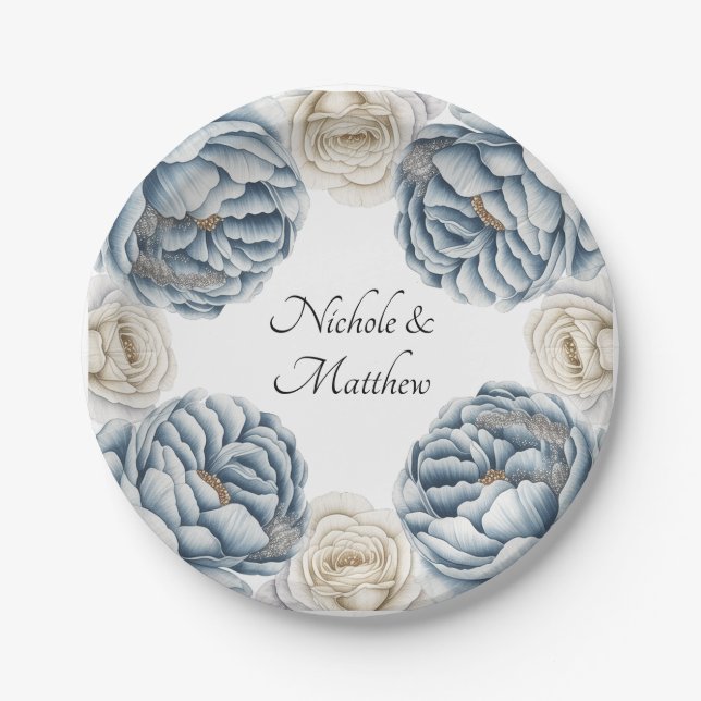 Dusty Blue & White Peony Wedding Pappteller (Vorderseite)