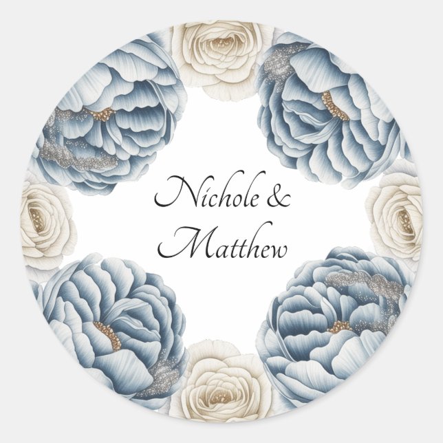 Dusty Blue & White Peony Wedding Runder Aufkleber (Vorderseite)