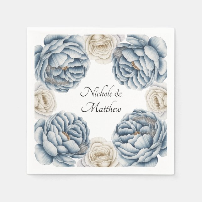 Dusty Blue & White Peony Wedding Serviette (Vorderseite)