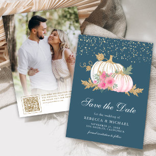 Dusty Blue White Pumpkin Floral Wedding Foto Save The Date