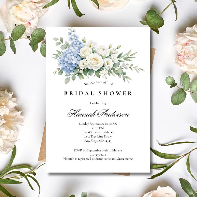 Dusty Blue White Rose Floral Elegant Bridal Shower Einladung (Dusty Blue Hydrangea White Roses Watercolor Florals Bridal Shower Invitation, Printed or Digital)