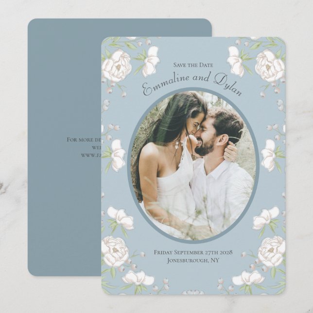 Dusty Blue White Rose Wedding Photo Save the Date Einladung (Vorne/Hinten)