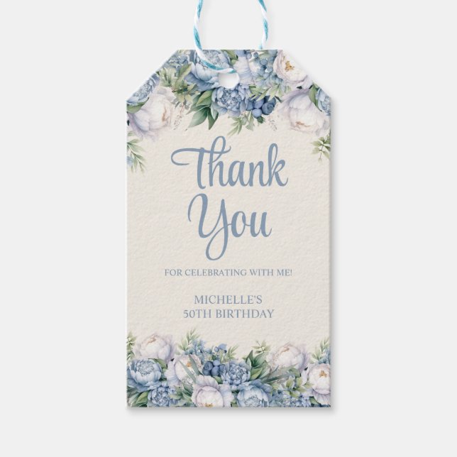 Dusty Blue White Roses 50. Geburtstag Geschenkanhänger (Vorderseite)