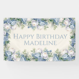 Dusty Blue White Roses Happy Birthday Banner