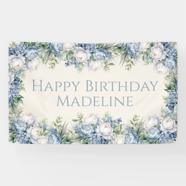 Dusty Blue White Roses Happy Birthday Banner (Horizontal)
