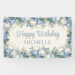 Dusty Blue White Roses Happy Birthday Script Banner